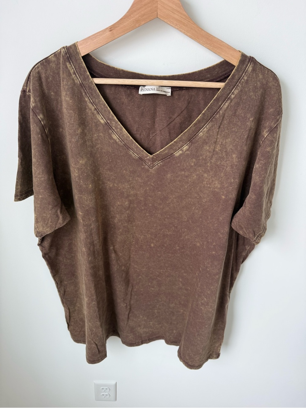 Zenana Outfitters Women’s 100% Cotton Washed V-Neck Women's Top in Brown | 1X
